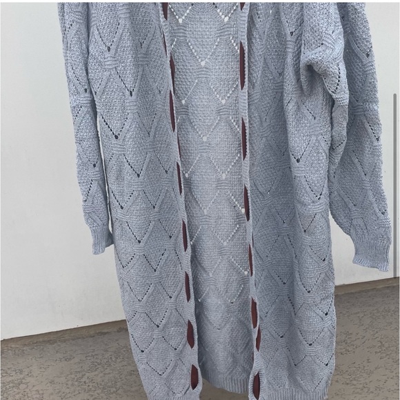 Bohemian Cable Knit Grey Lace Long Hood Gray Boho Grey Cardigan Elbow Patches - Picture 4 of 7